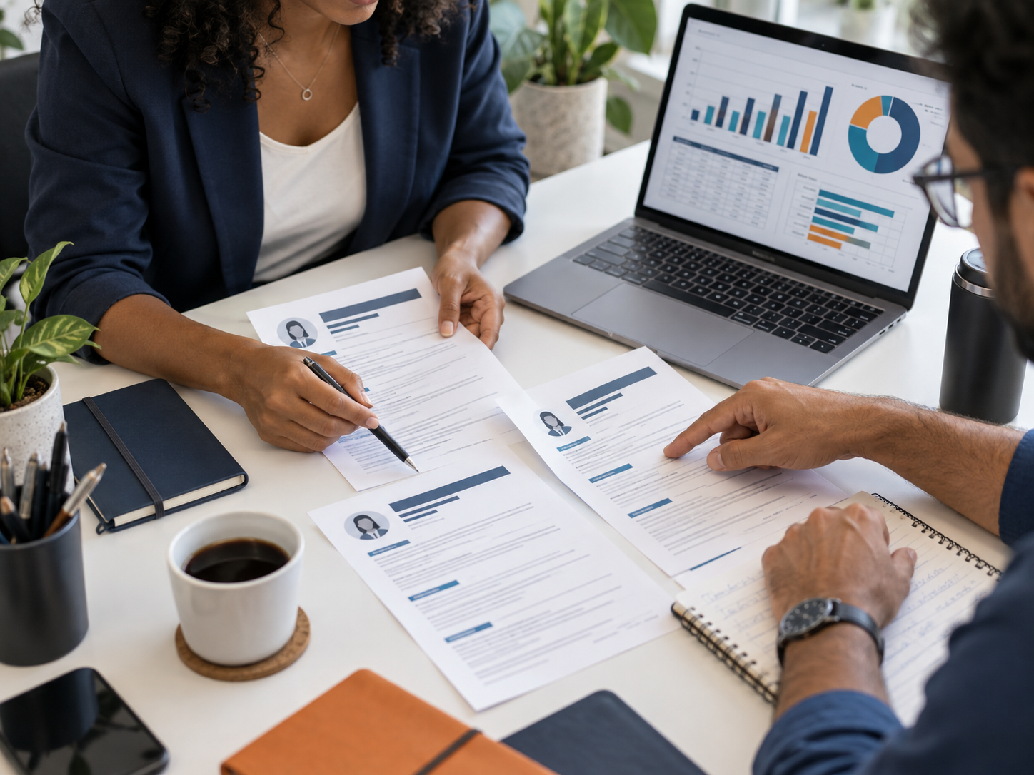 Profissionais comparando descrições de cargos e informações salariais